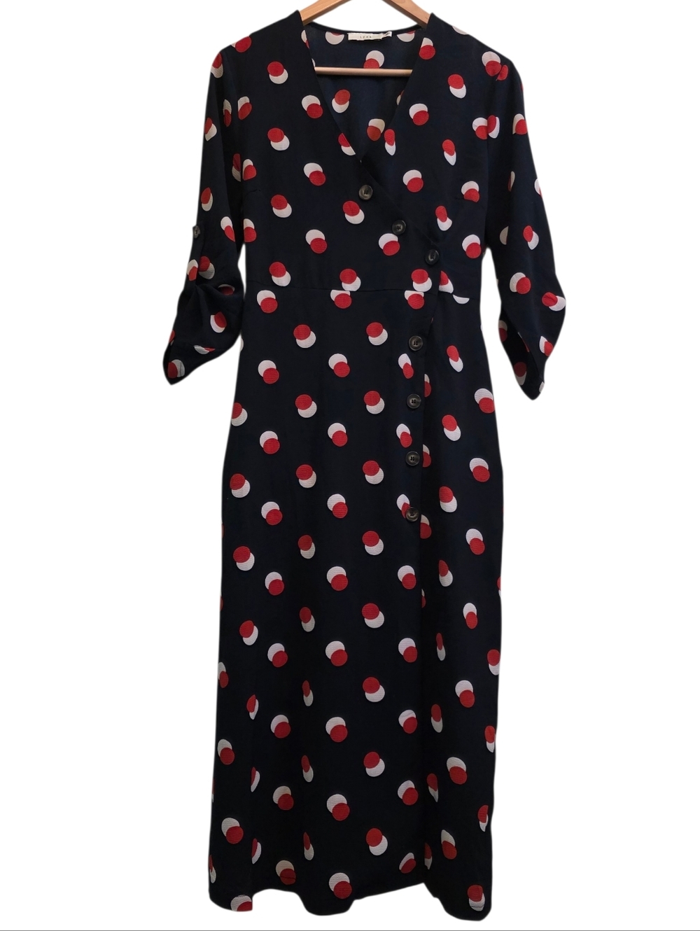 Lush Asymeyrical Button-Up Navy Blue Maxi Dress Orange & Cream Polka Dots M EUC